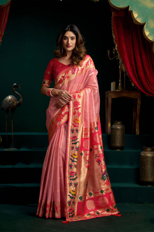 Charming Peach Pink Tissue Silk Woven Jacquard Designer Saree for Women