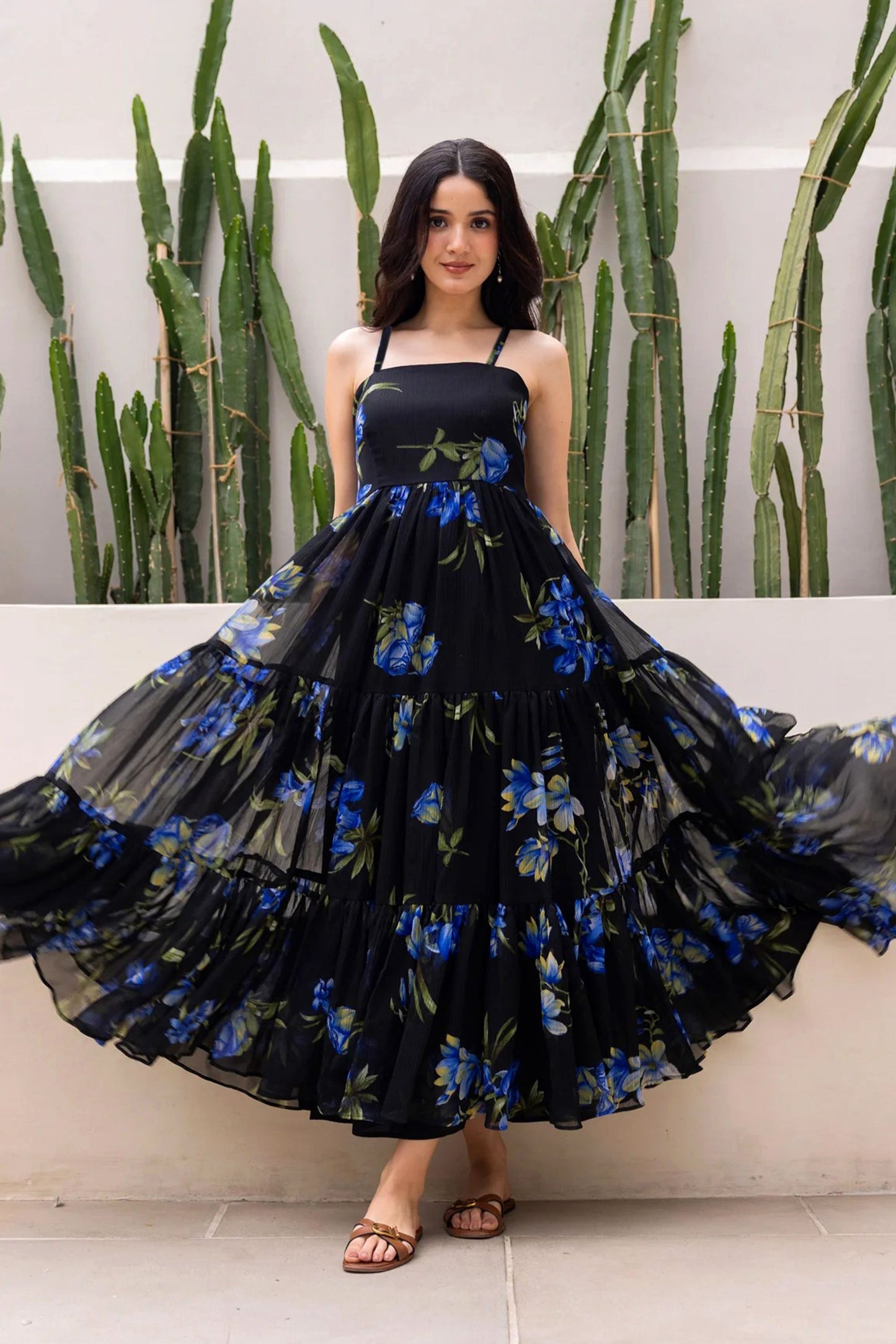 Stylish Black Floral Print Georgette Gown with Strappy Sleeves
