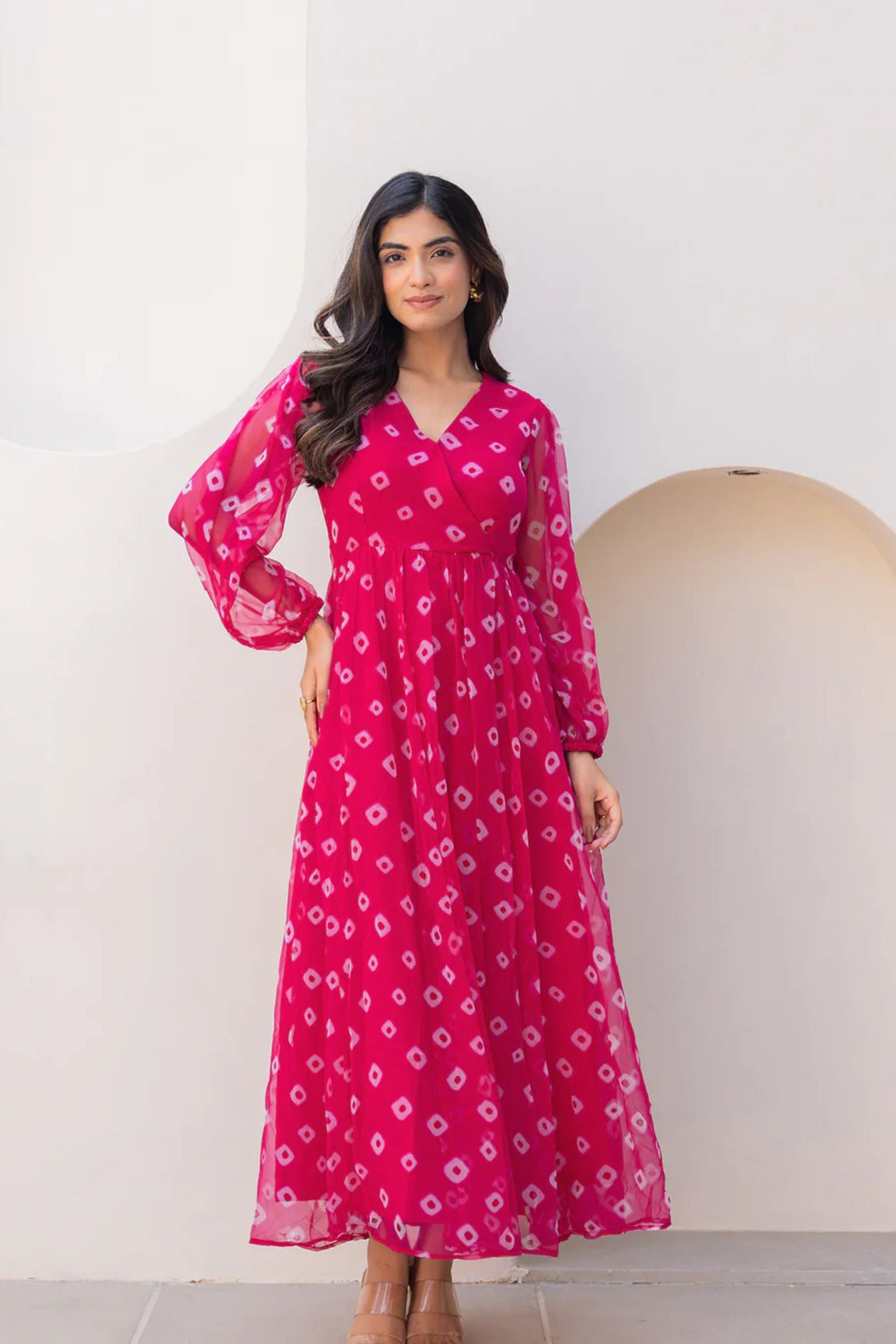 Lovely Pink Bandhani Print Georgette Gown with Sheer Sleeves and V-Nec Mangaldeep NX Lovely Pink Bandhani Print Georgette Gown with Sheer Sleeves and V-Nec Mangaldeep NX