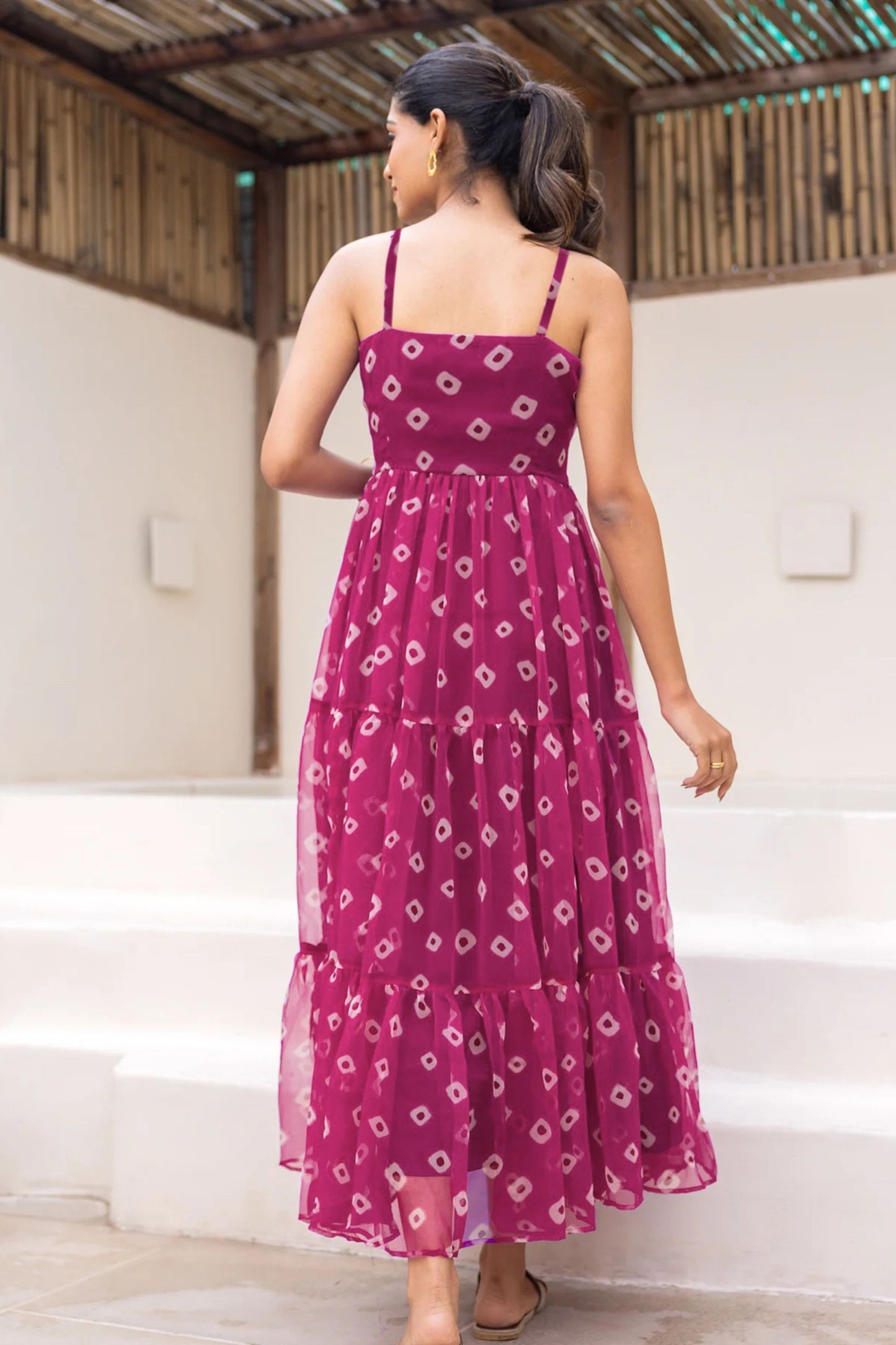 Fabulous Wine Bandhani Print Georgette Gown with Spaghetti Straps and Tiered Flare