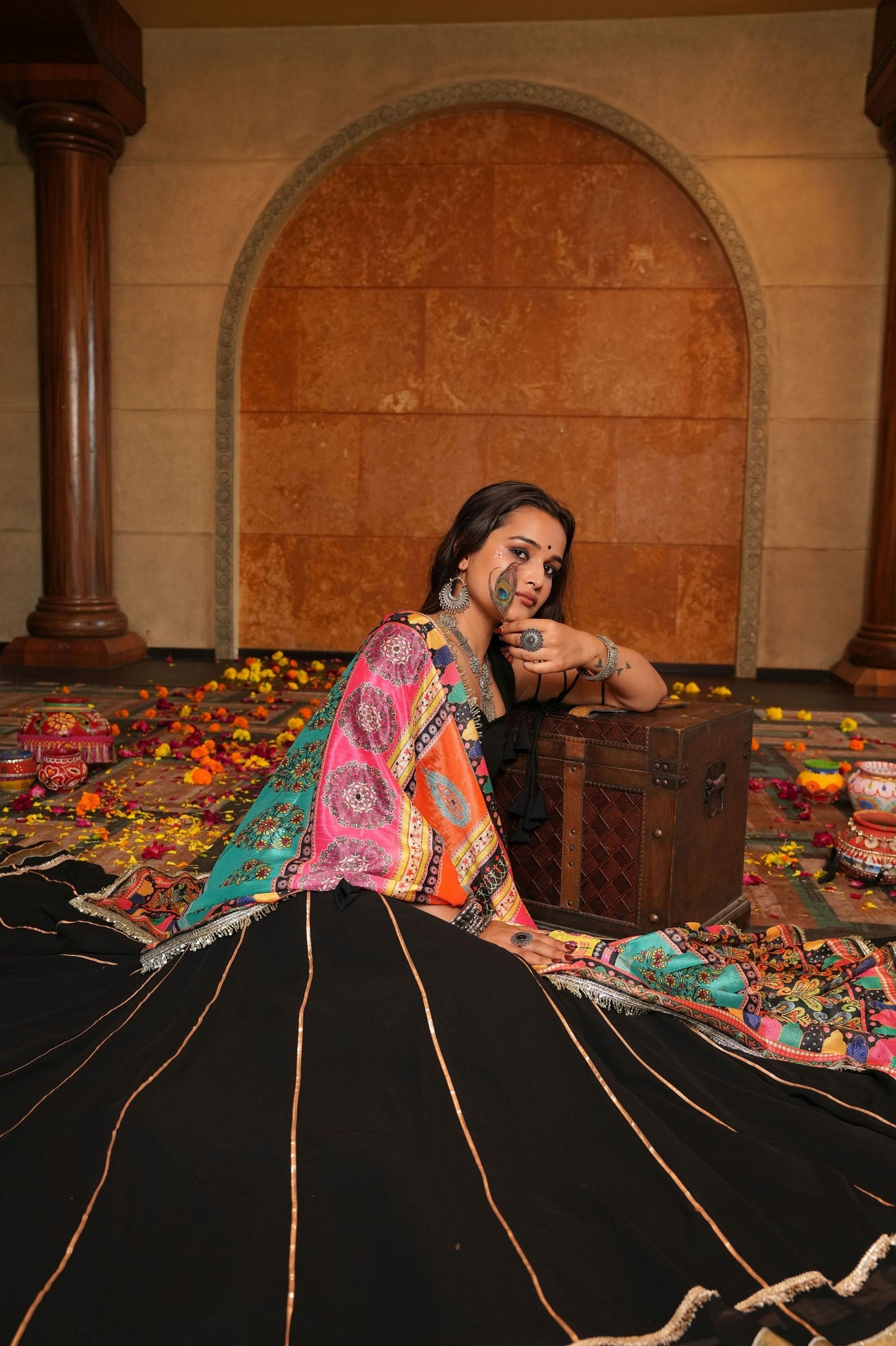 Black Embroidered Lehenga Choli with Multicolor Dupatta for Navratri