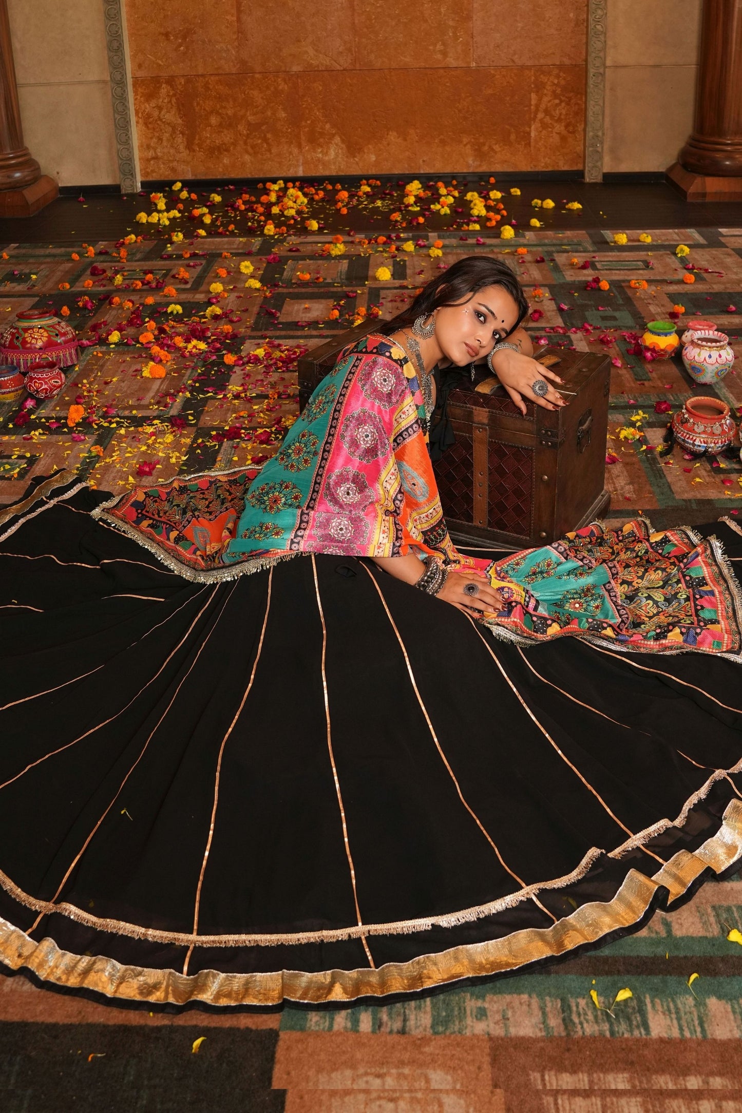 Black Embroidered Lehenga Choli with Multicolor Dupatta for Navratri