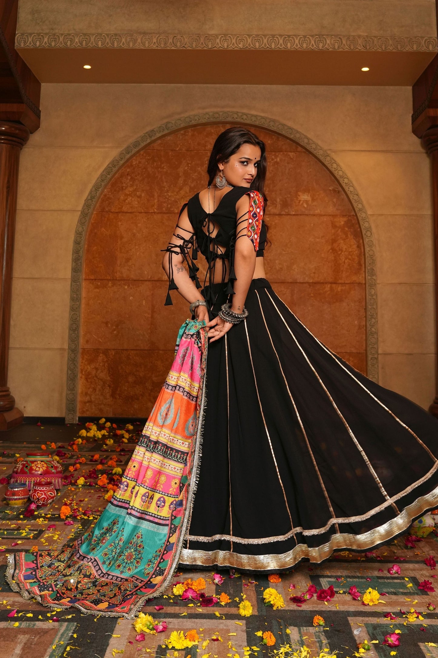 Black Embroidered Lehenga Choli with Multicolor Dupatta for Navratri