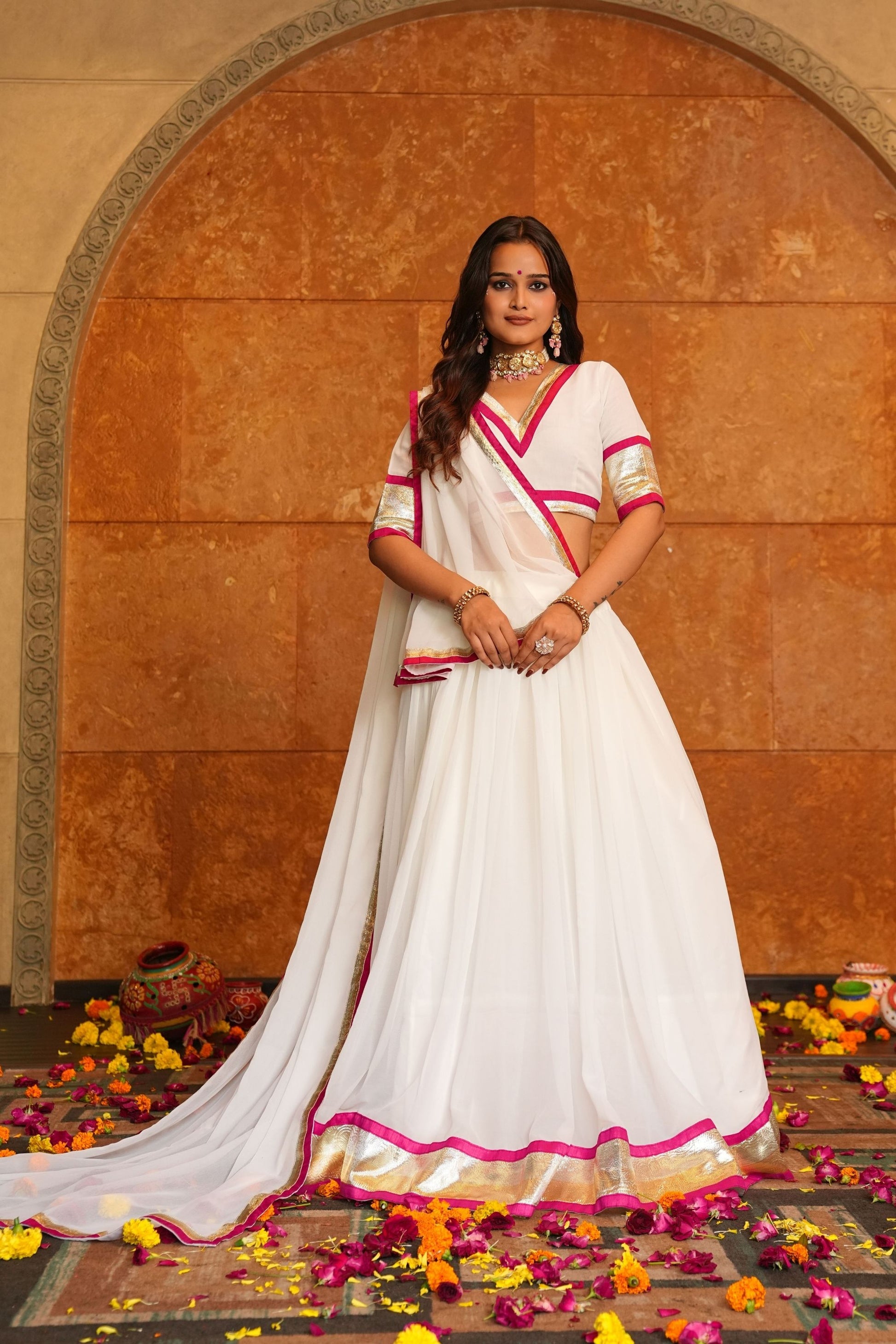 White Embroidered Georgette Lehenga Choli with Dupatta for Navratri