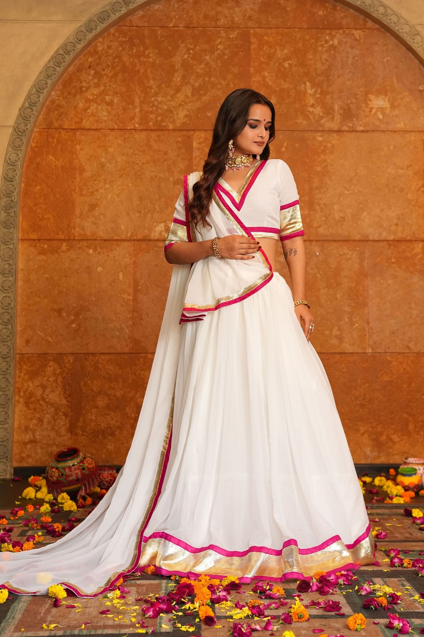 White Embroidered Georgette Lehenga Choli with Dupatta for Navratri