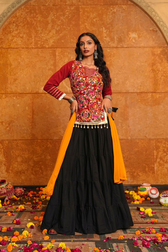 Maroon and Black Embroidered Crepe Lehenga Choli with Dupatta for Navratri