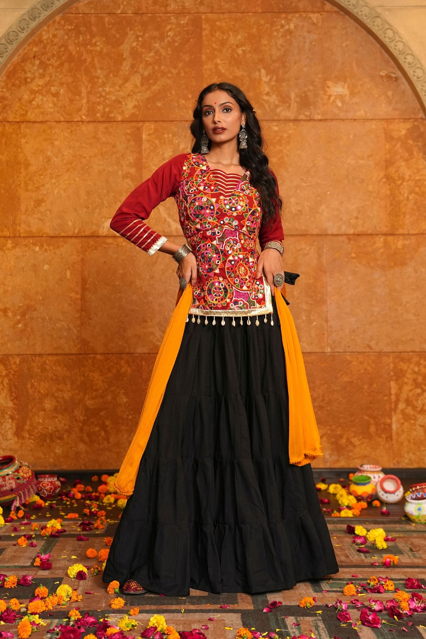 Maroon and Black Embroidered Crepe Lehenga Choli with Dupatta for Navratri