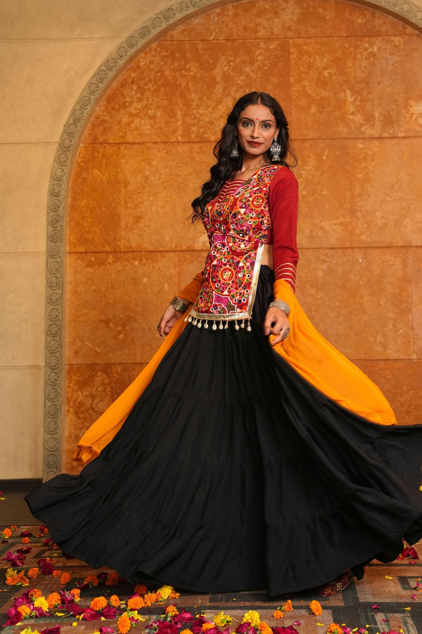 Maroon and Black Embroidered Crepe Lehenga Choli with Dupatta for Navratri
