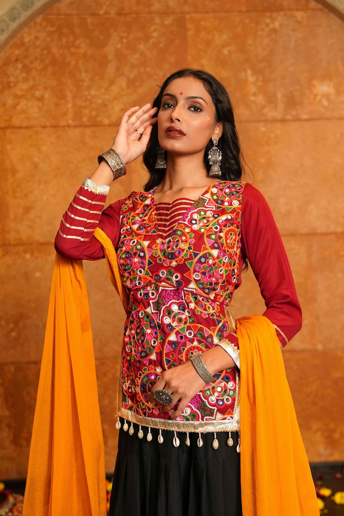 Maroon and Black Embroidered Crepe Lehenga Choli with Dupatta for Navratri