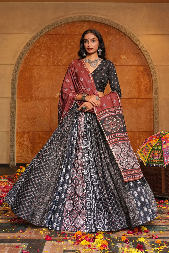 Black and Brown Embroidered Crepe Lehenga Choli with Dupatta for Navratri