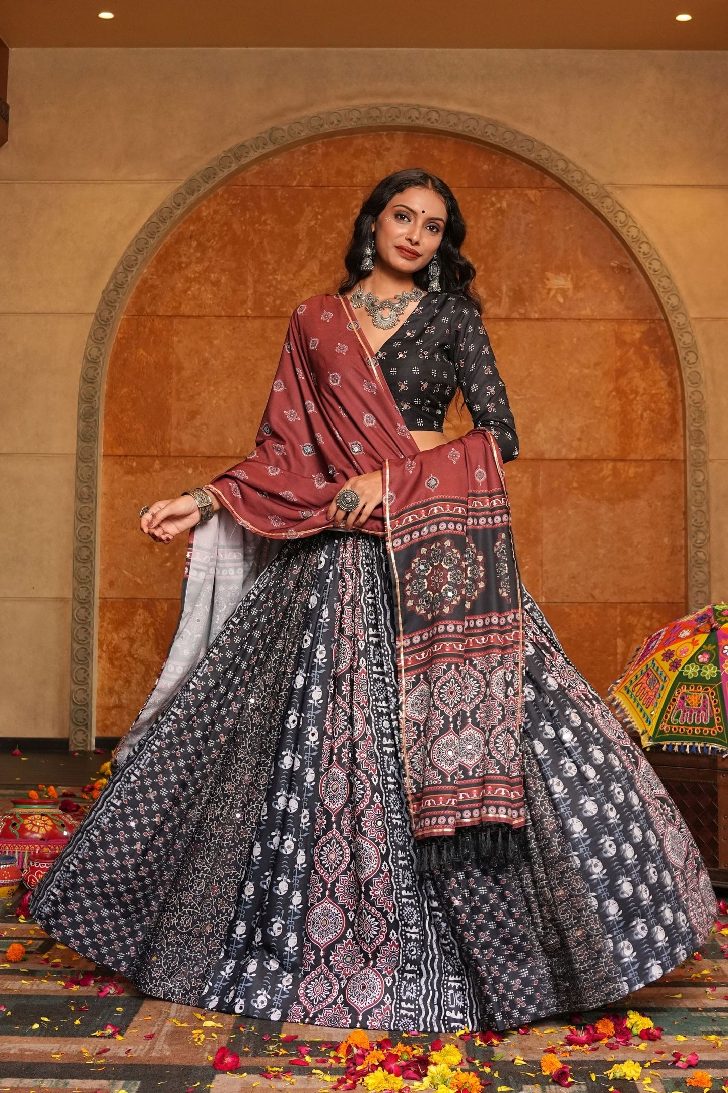 Black and Brown Embroidered Crepe Lehenga Choli with Dupatta for Navratri