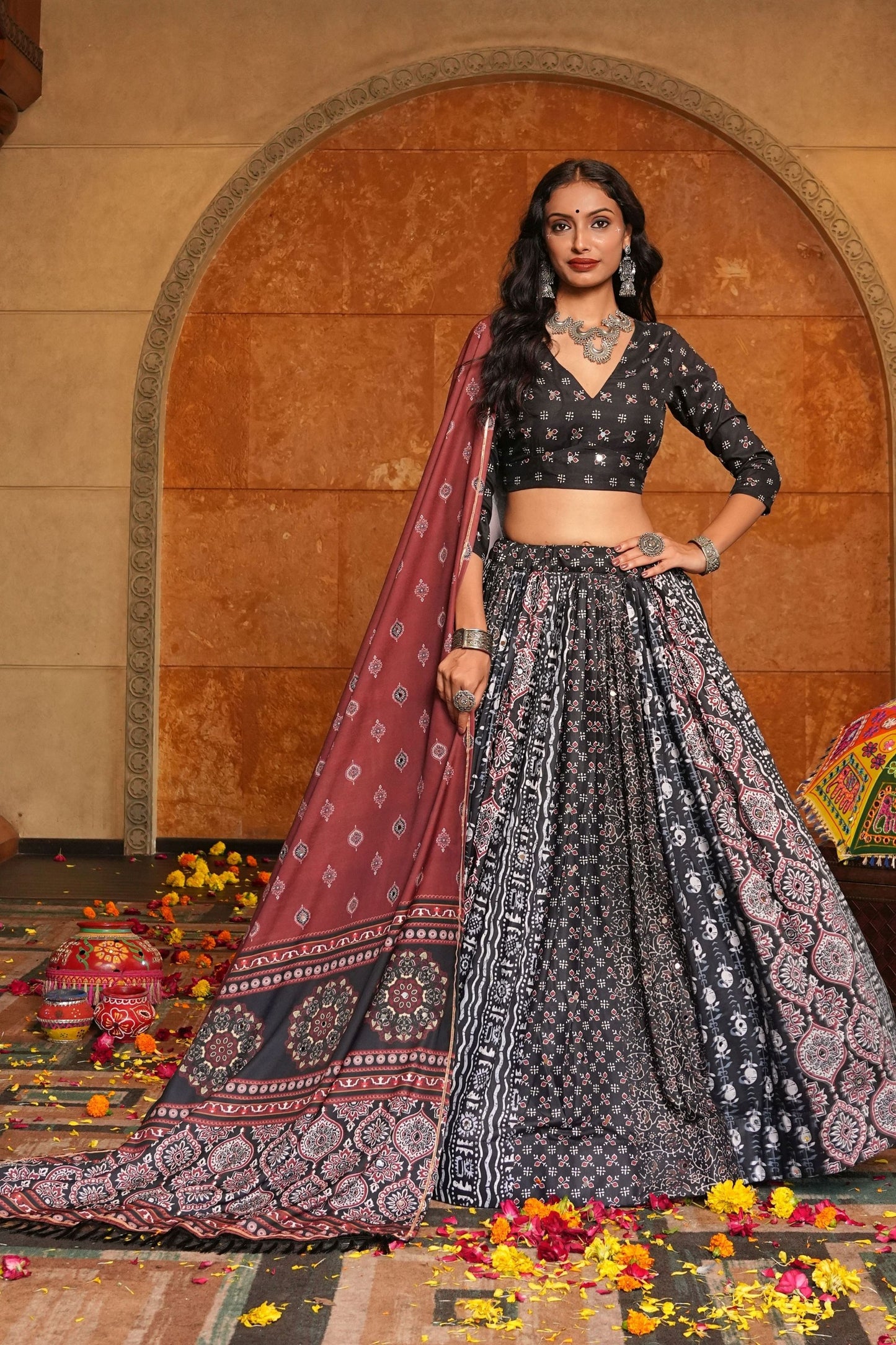 Black and Brown Embroidered Crepe Lehenga Choli with Dupatta for Navratri