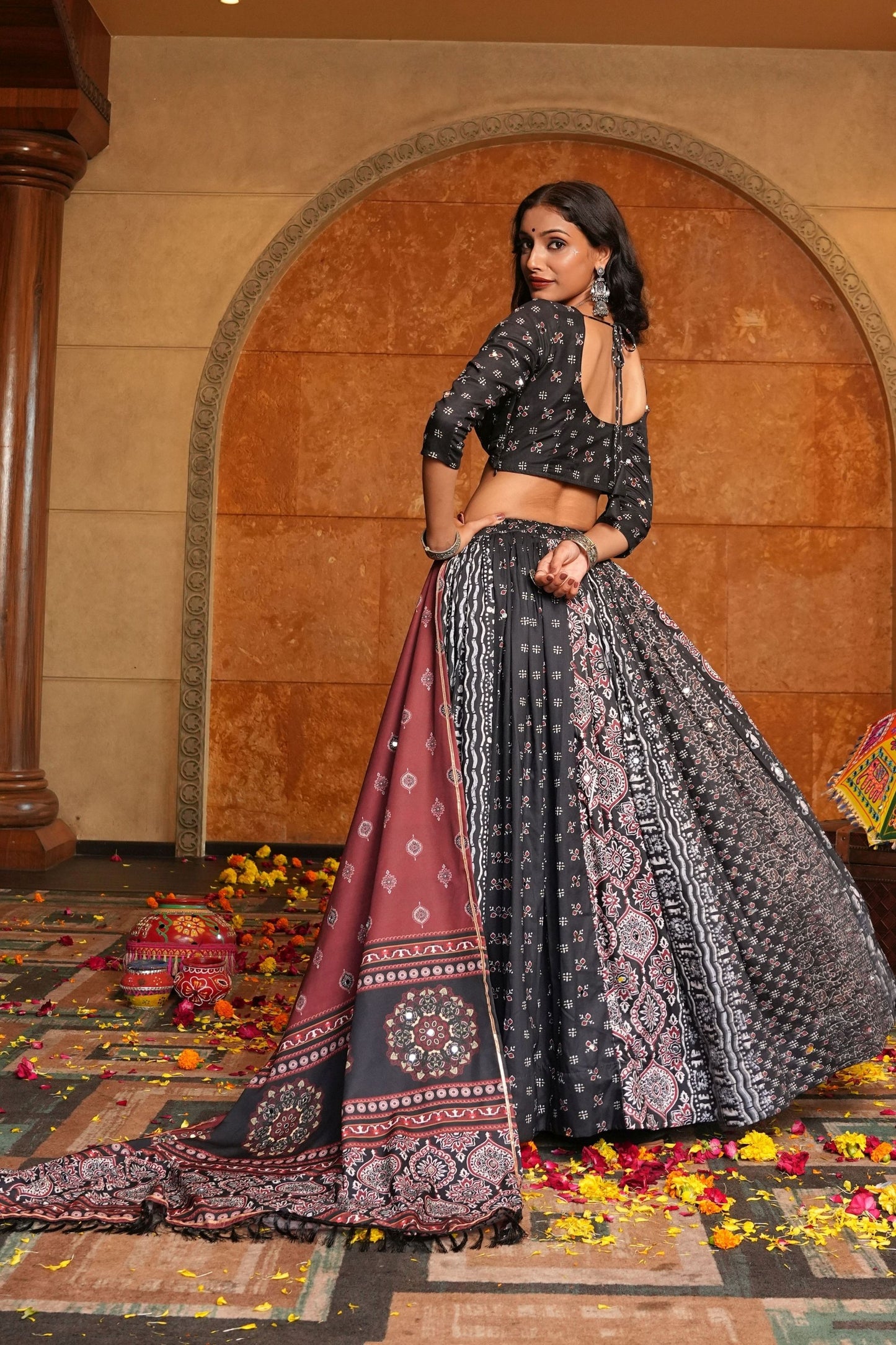 Black and Brown Embroidered Crepe Lehenga Choli with Dupatta for Navratri