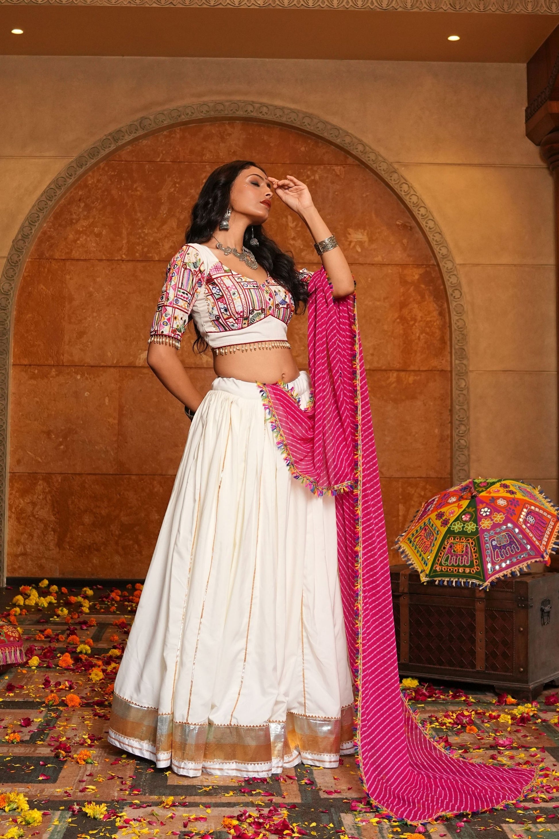 Off-White and Pink Mirror Work Chaniya Choli with Dupatta for Navratri