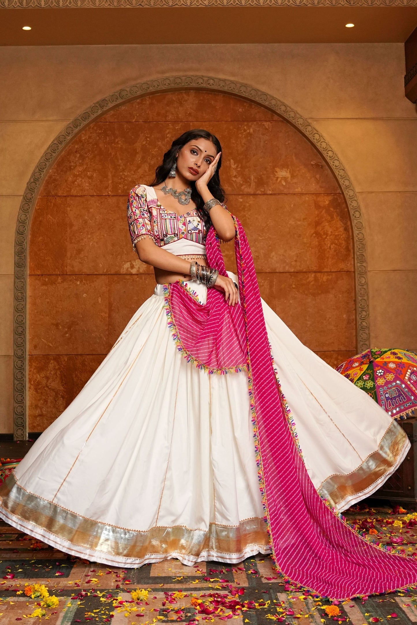 Off-White and Pink Mirror Work Chaniya Choli with Dupatta for Navratri
