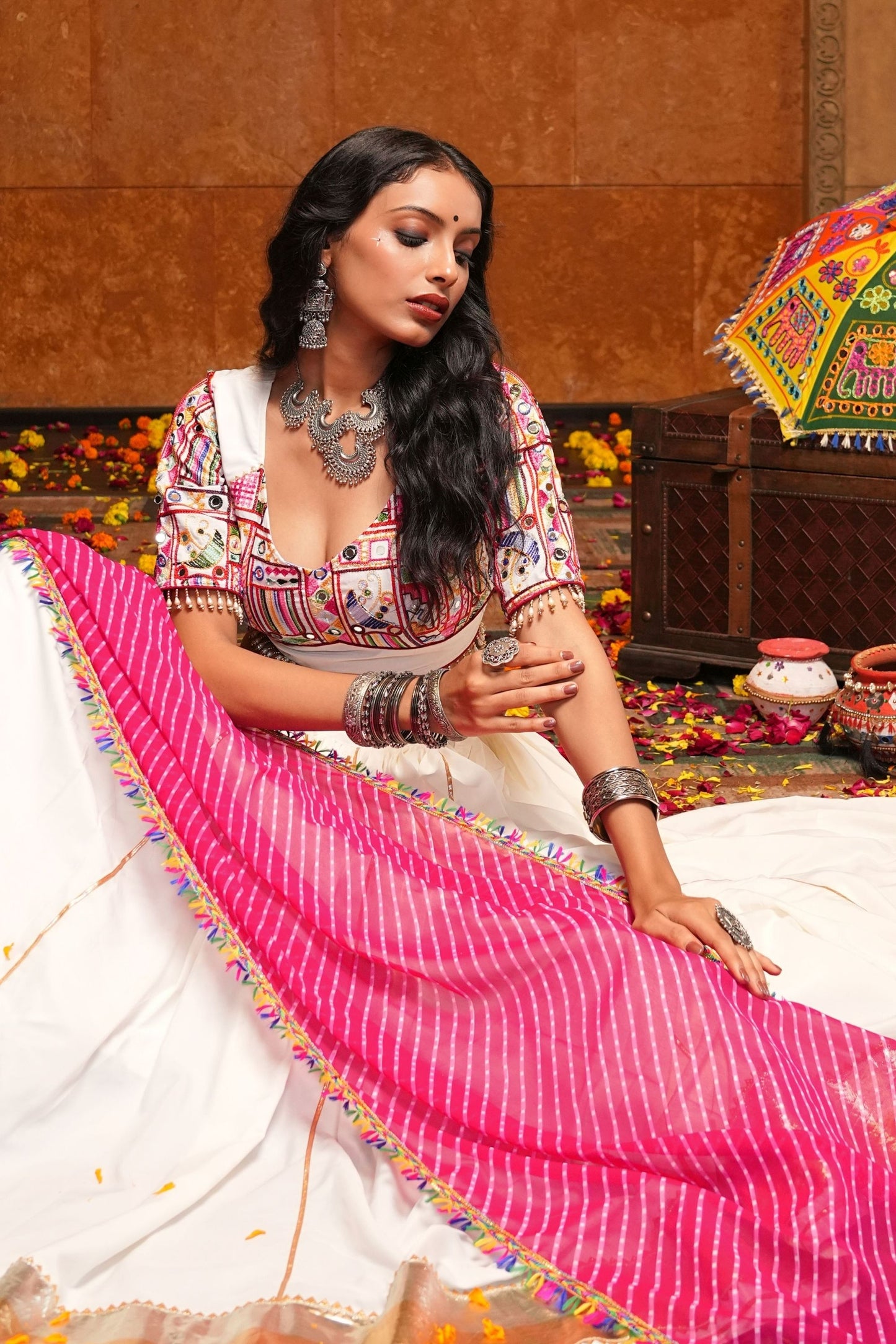 Off-White and Pink Mirror Work Chaniya Choli with Dupatta for Navratri