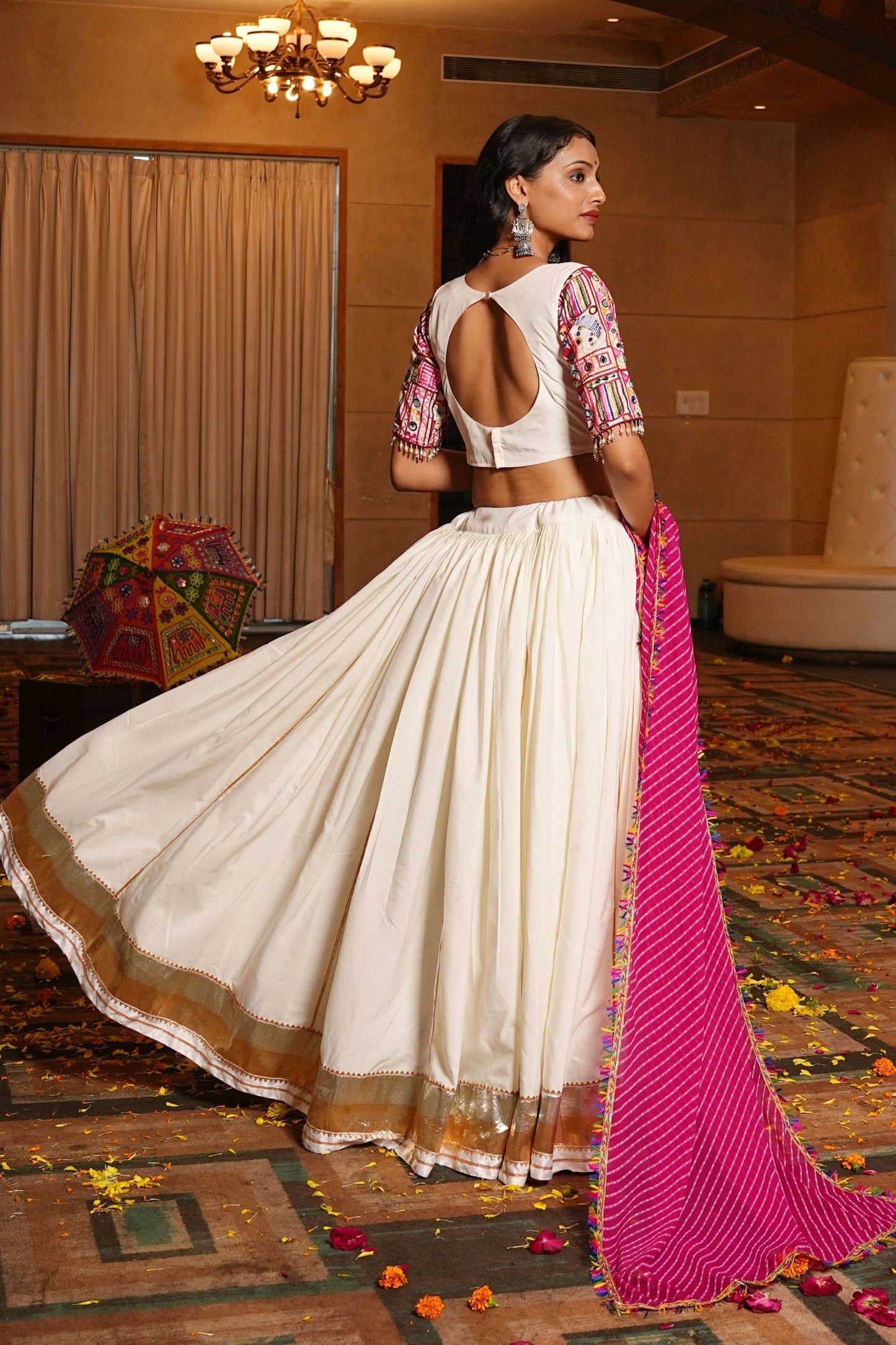 Off-White and Pink Mirror Work Chaniya Choli with Dupatta for Navratri
