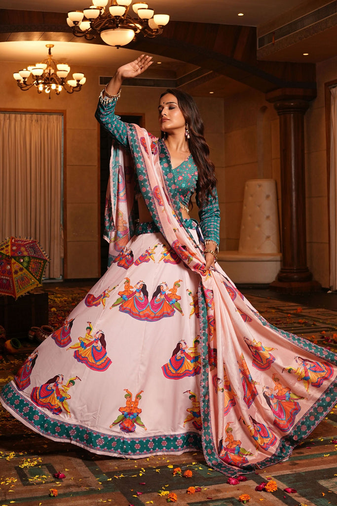 Pink Navratri Lehenga Choli with Traditional Print and Green Blouse