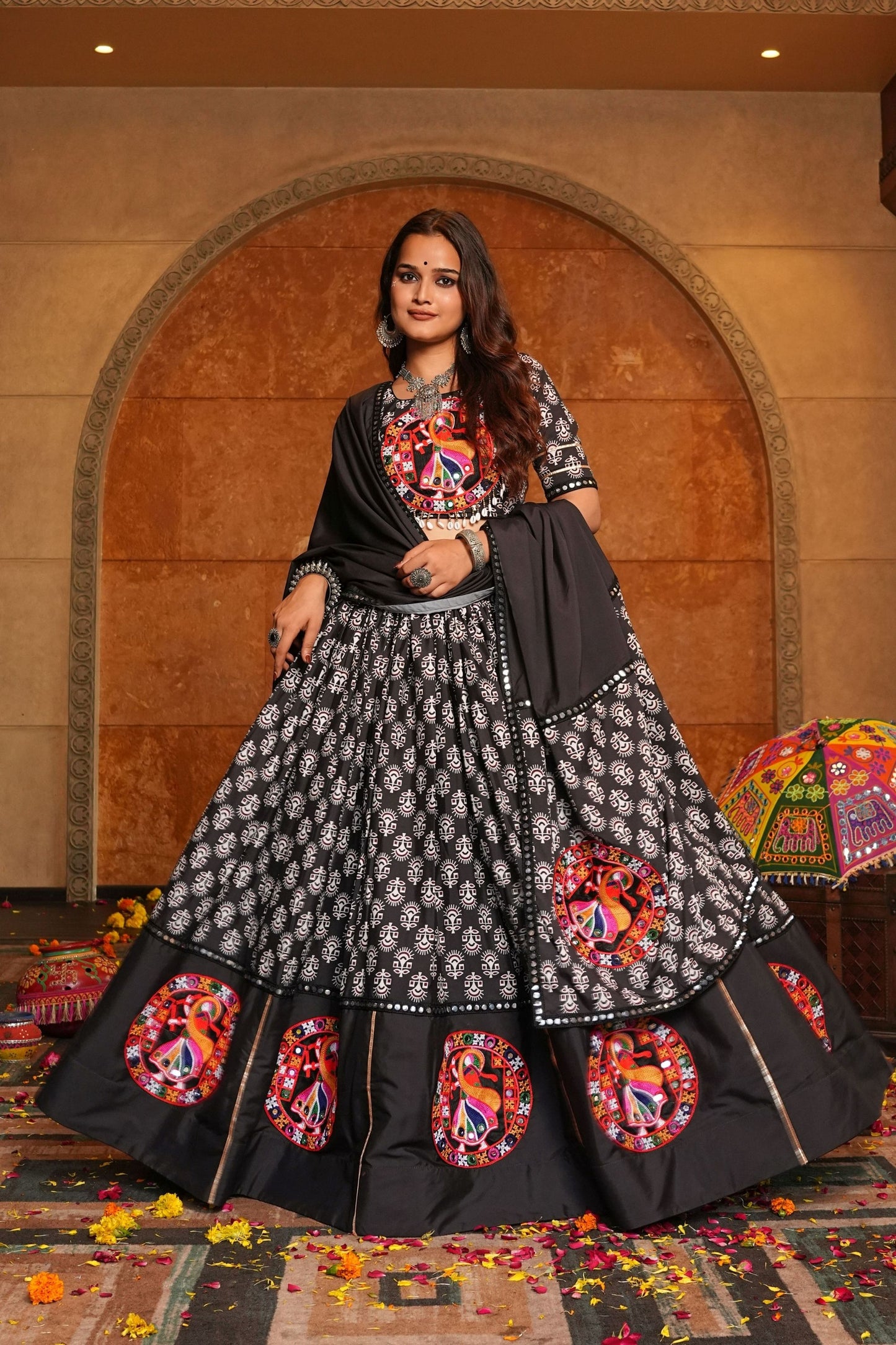 Black Navratri Lehenga Choli with Multicolor Mirror Work and Traditional Motifs