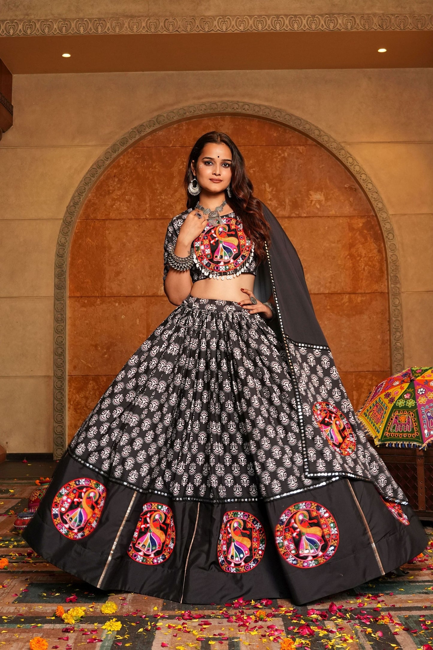 Black Navratri Lehenga Choli with Multicolor Mirror Work and Traditional Motifs