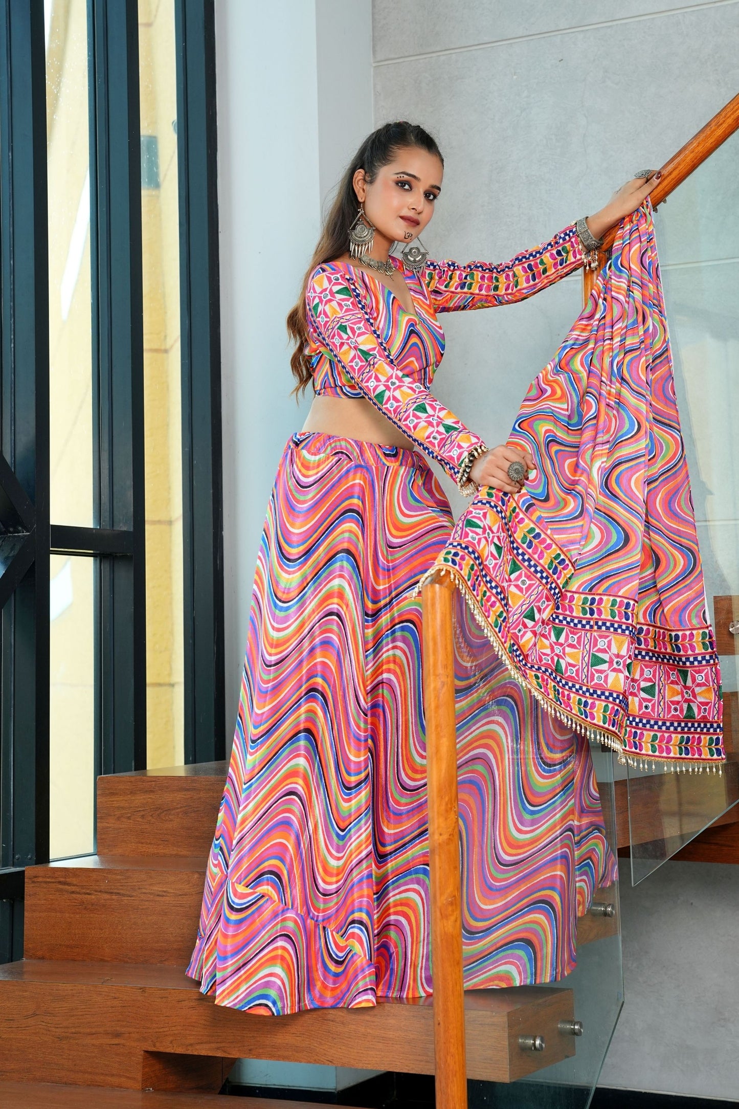 Multicolor Wave Print Navratri Lehenga Choli with Mirror Sleeves and Dupatta