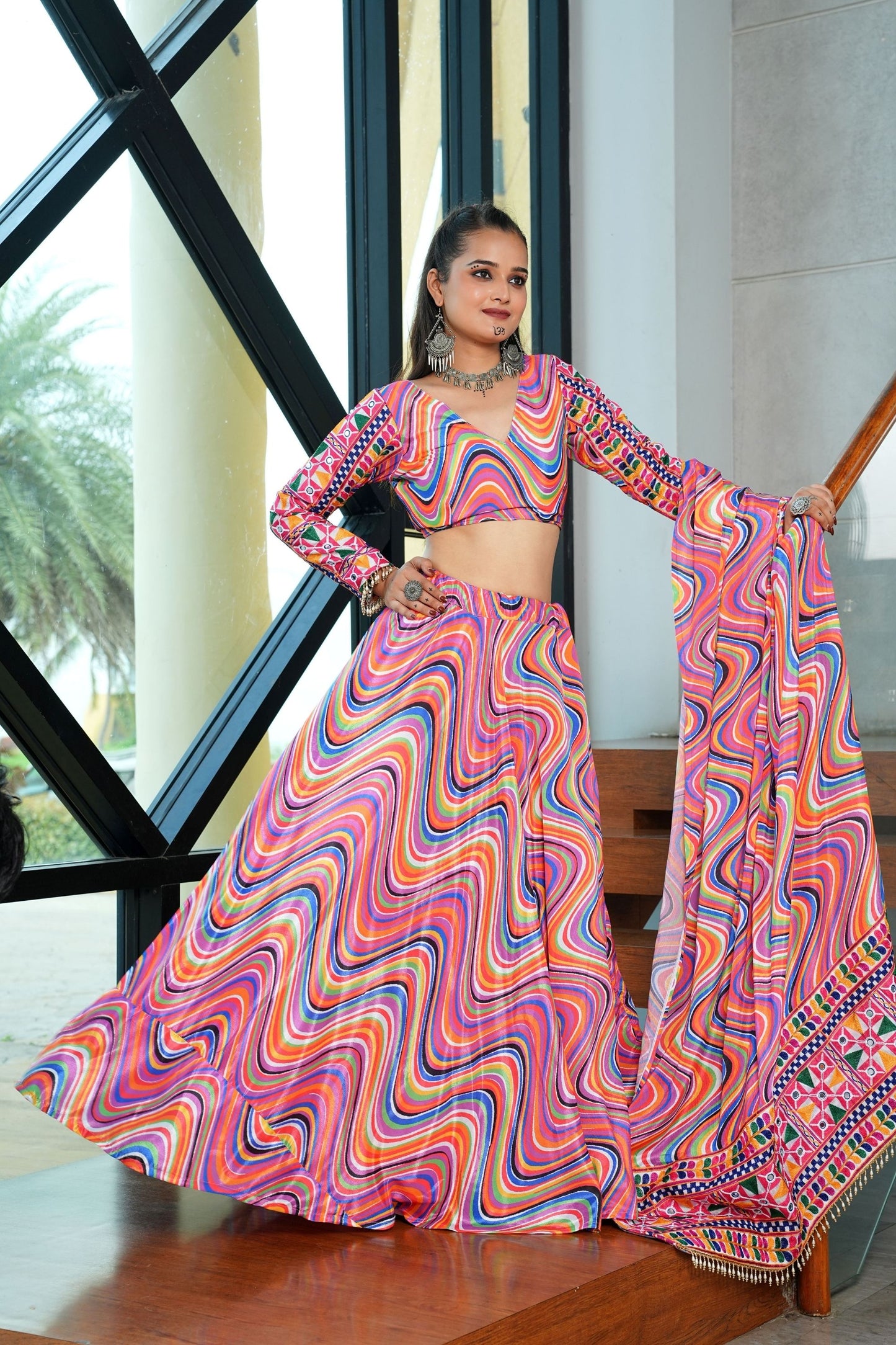 Multicolor Wave Print Navratri Lehenga Choli with Mirror Sleeves and Dupatta