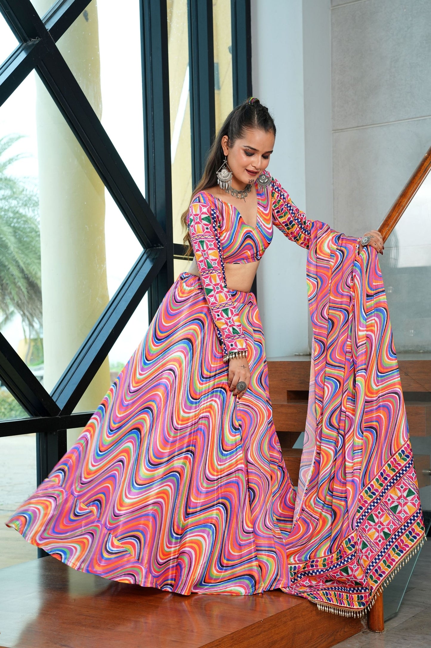 Multicolor Wave Print Navratri Lehenga Choli with Mirror Sleeves and Dupatta