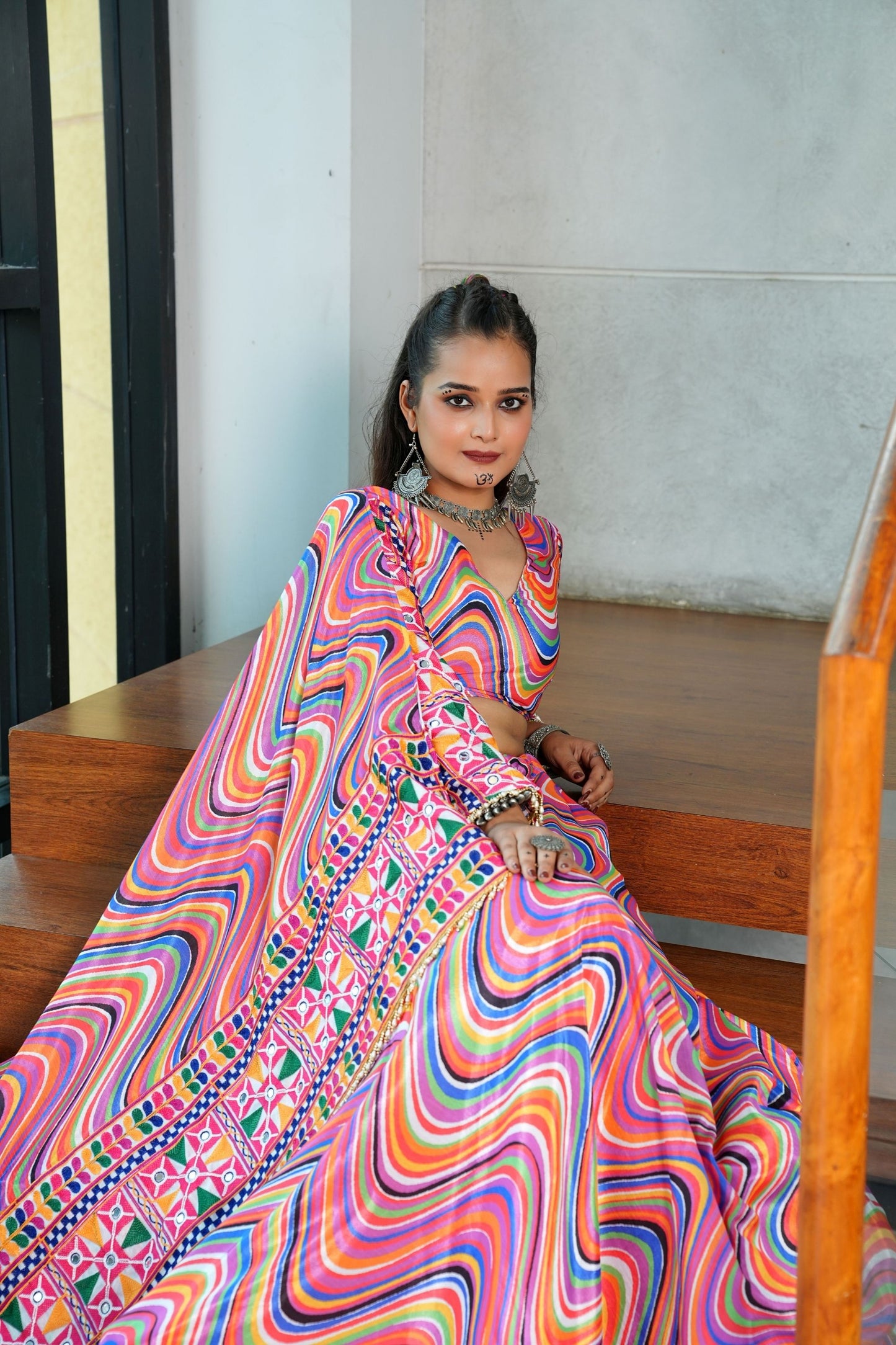 Multicolor Wave Print Navratri Lehenga Choli with Mirror Sleeves and Dupatta