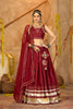 Maroon Silk Navratri Lehenga Choli with Gold Zari Border and Sleeveless Blouse