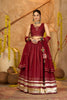 Maroon Silk Navratri Lehenga Choli with Gold Zari Border and Sleeveless Blouse