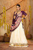 Cream Silk Navratri Lehenga Choli with Gold Zari Border and Purple Dupatta