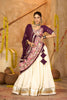 Cream Silk Navratri Lehenga Choli with Gold Zari Border and Purple Dupatta