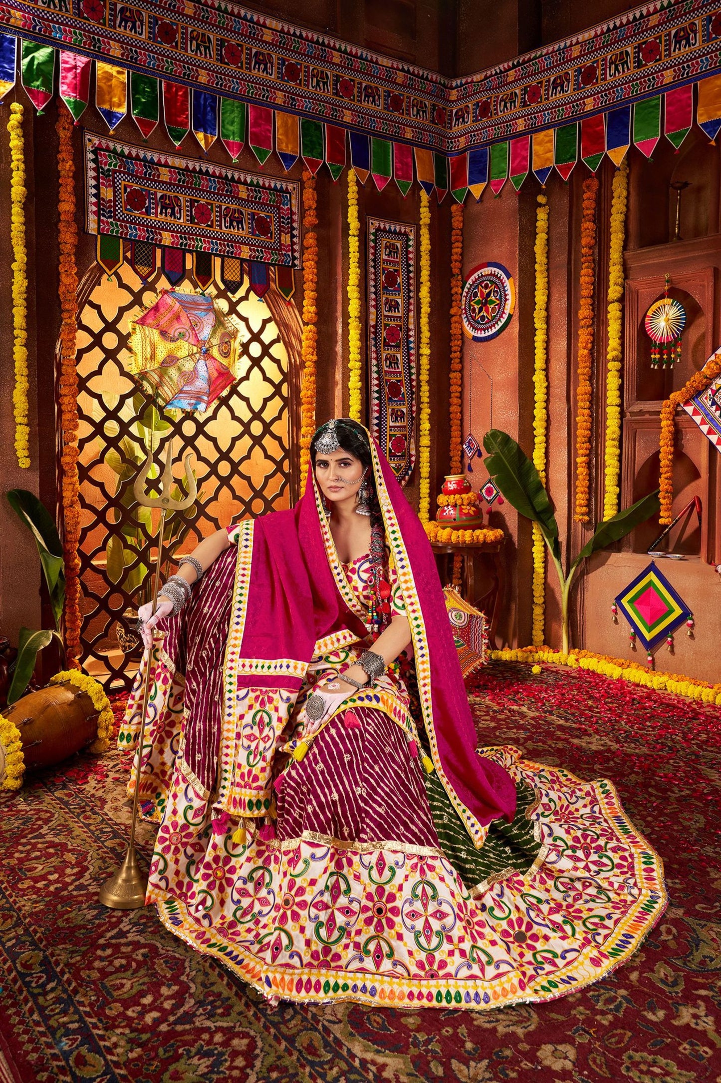 Magenta and White Traditional Lehenga Choli with Mirror and Embroidery Work