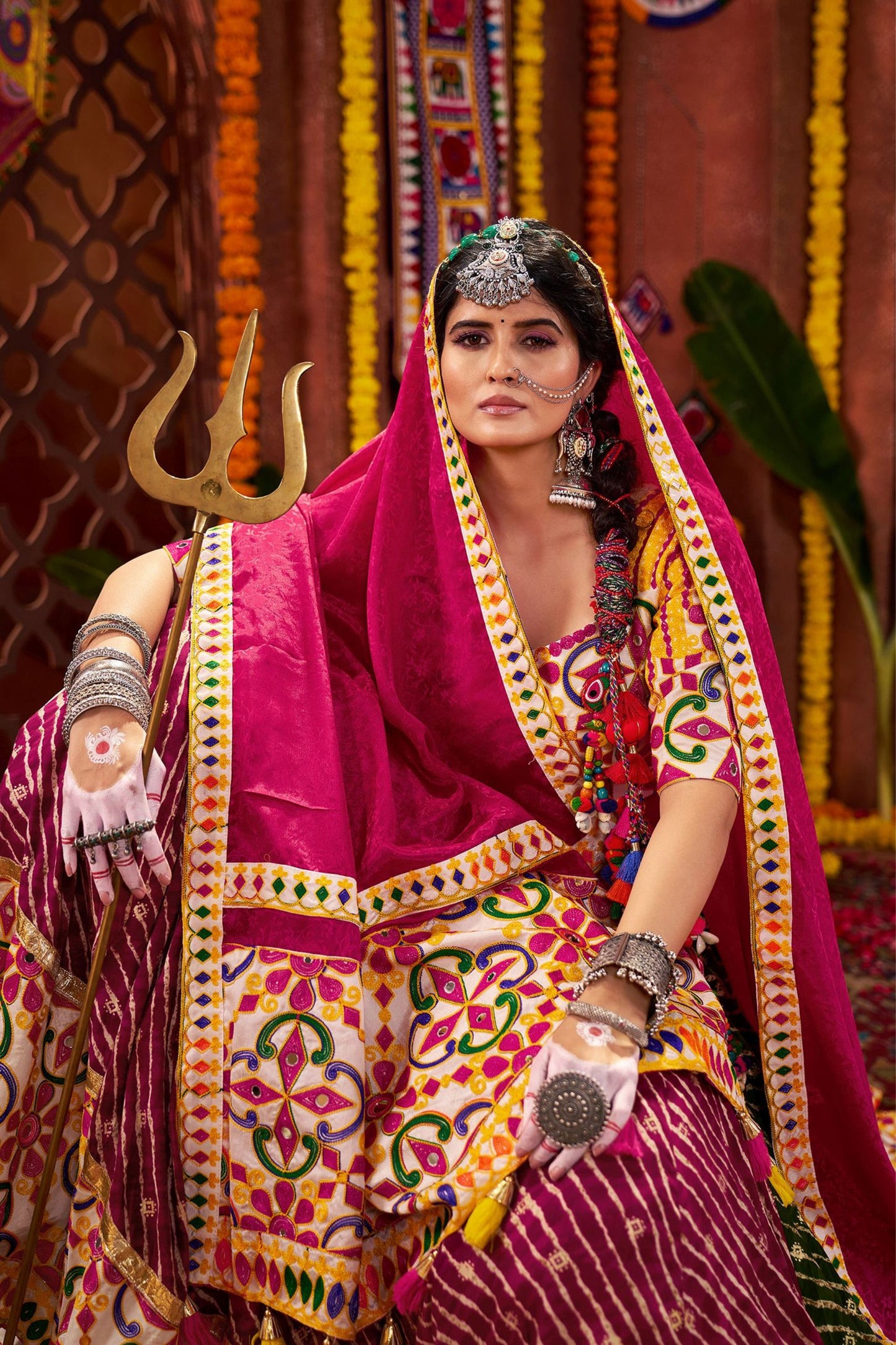 Magenta and White Traditional Lehenga Choli with Mirror and Embroidery Work