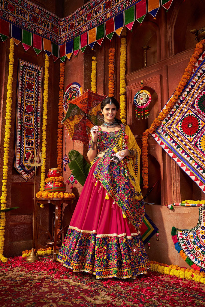 Pink and Yellow Traditional Lehenga Choli with Mirror and Embroidery Work