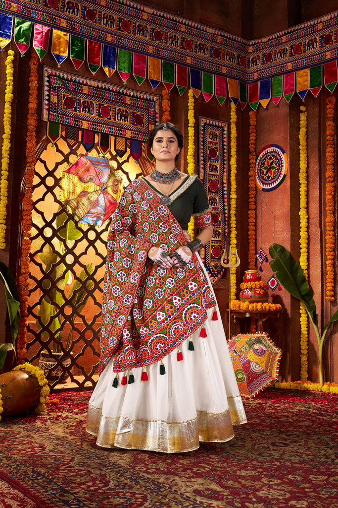 White and Green Traditional Lehenga Choli with Mirror and Embroidery Work
