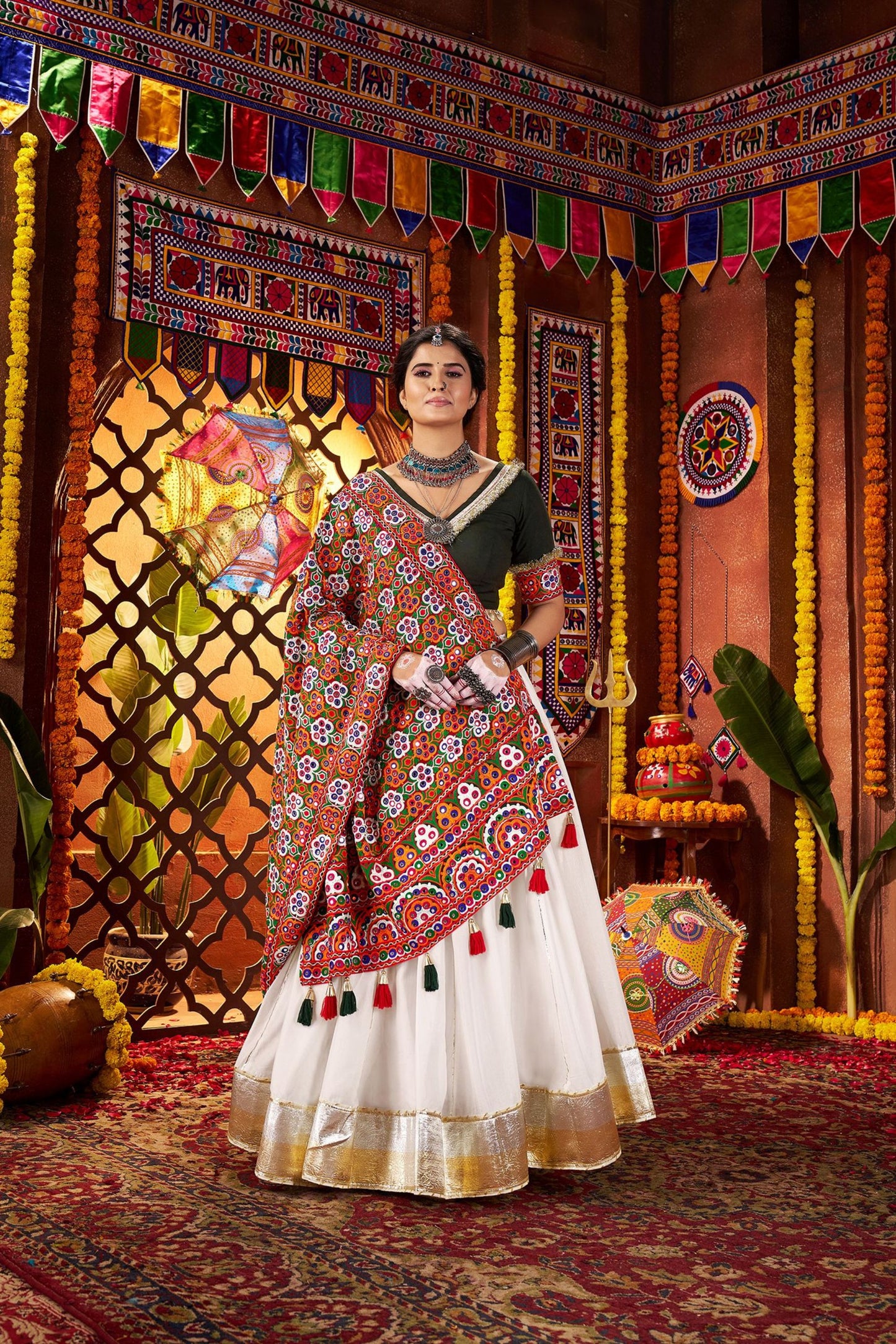 White and Green Traditional Lehenga Choli with Mirror and Embroidery Work