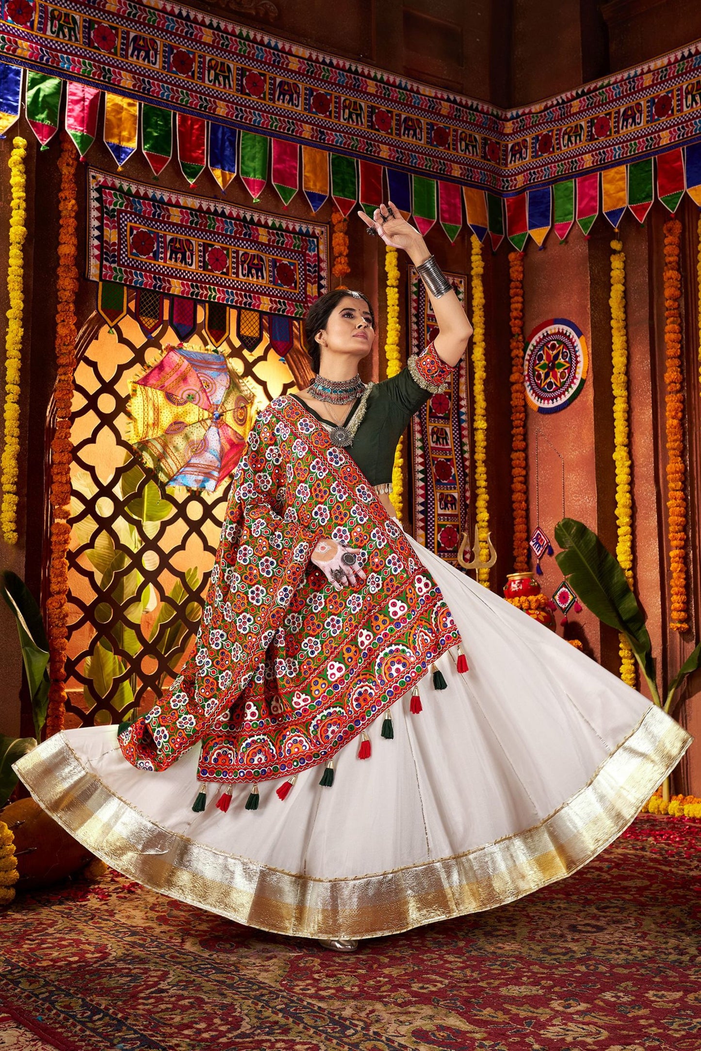 White and Green Traditional Lehenga Choli with Mirror and Embroidery Work