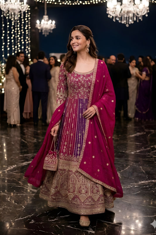 Stylish Magenta and Purple Georgette Embroidered Readymade Gown with Dupatta for Women