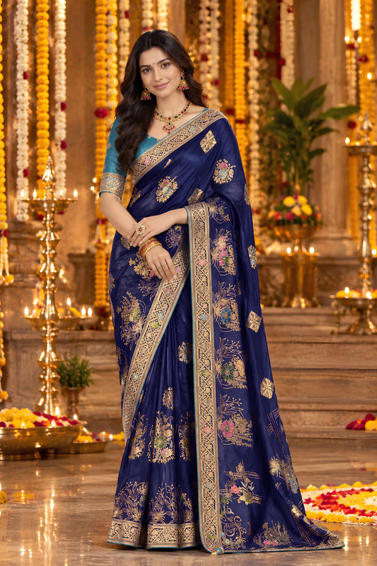 Regal Navy Blue Dola Silk Saree Handwork Cut Dana Work Weaving Work for Women