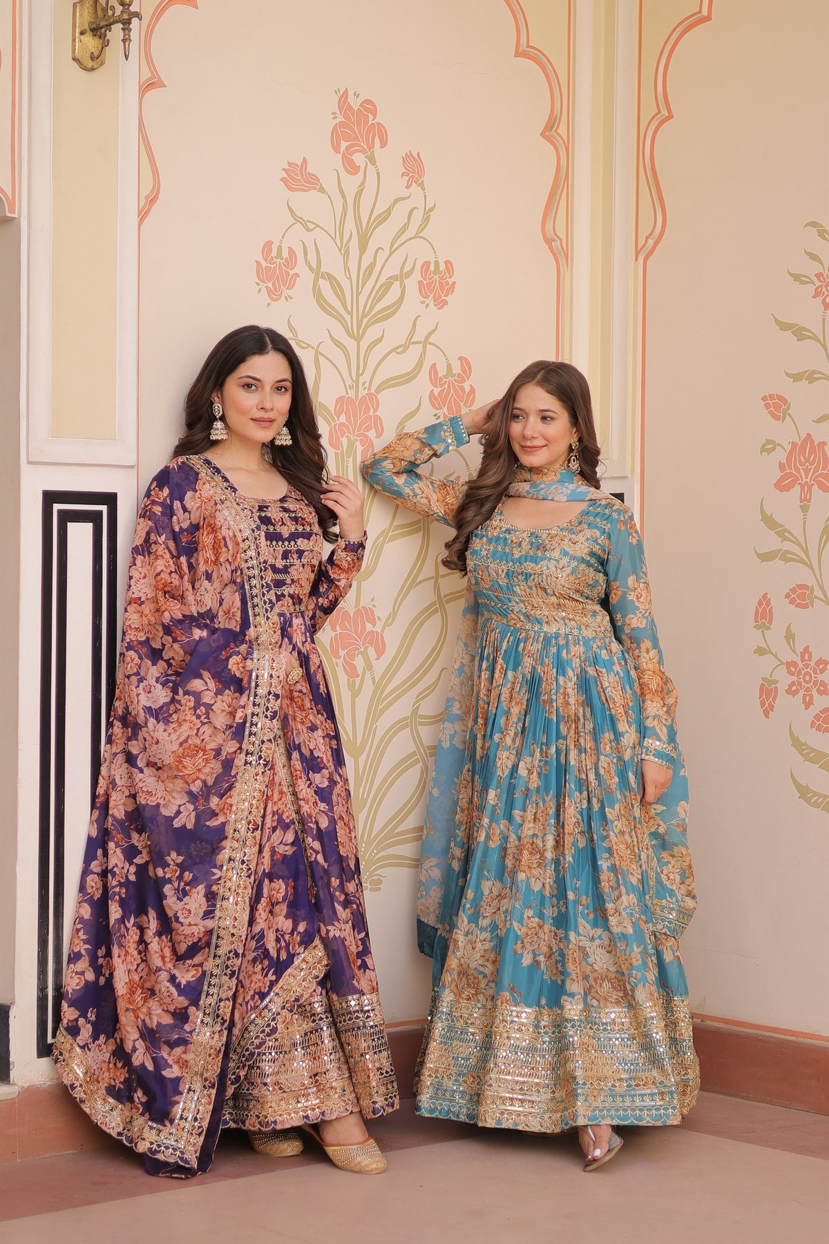 Exquisite Teal Blue Russian Silk Digital Printed Festival Wear Gown with Dupatta
