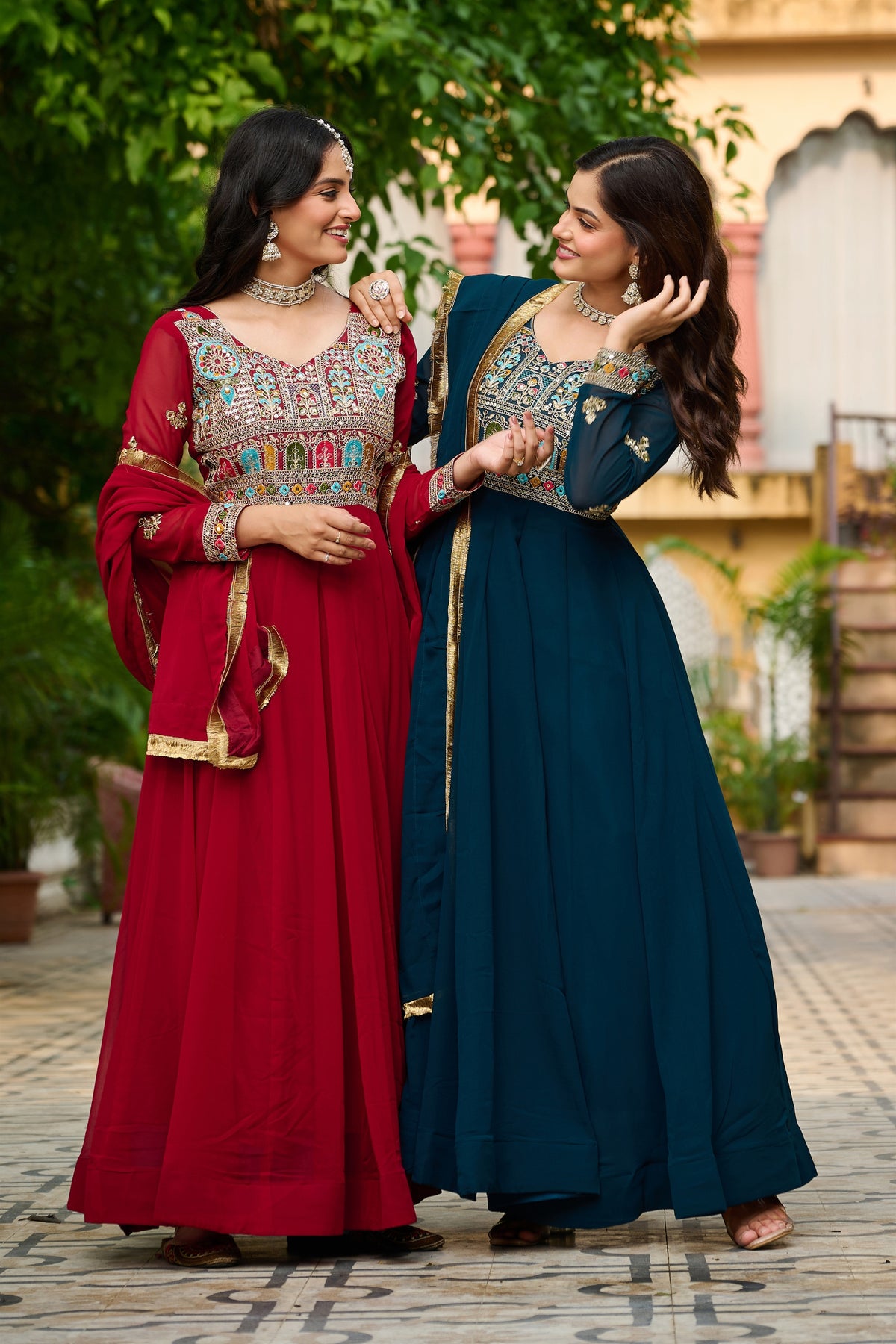 Majestic Teal Blue Faux Georgette Designer Gown with Multi Thread Work and Dupatta