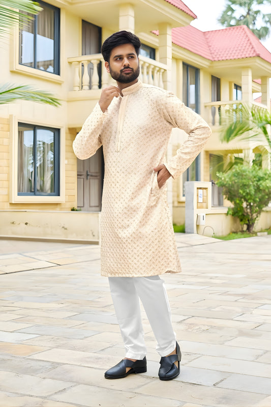 Stylish Cream Rayon Embroidery Designer Kurta Pyjama Set for Men for Wedding