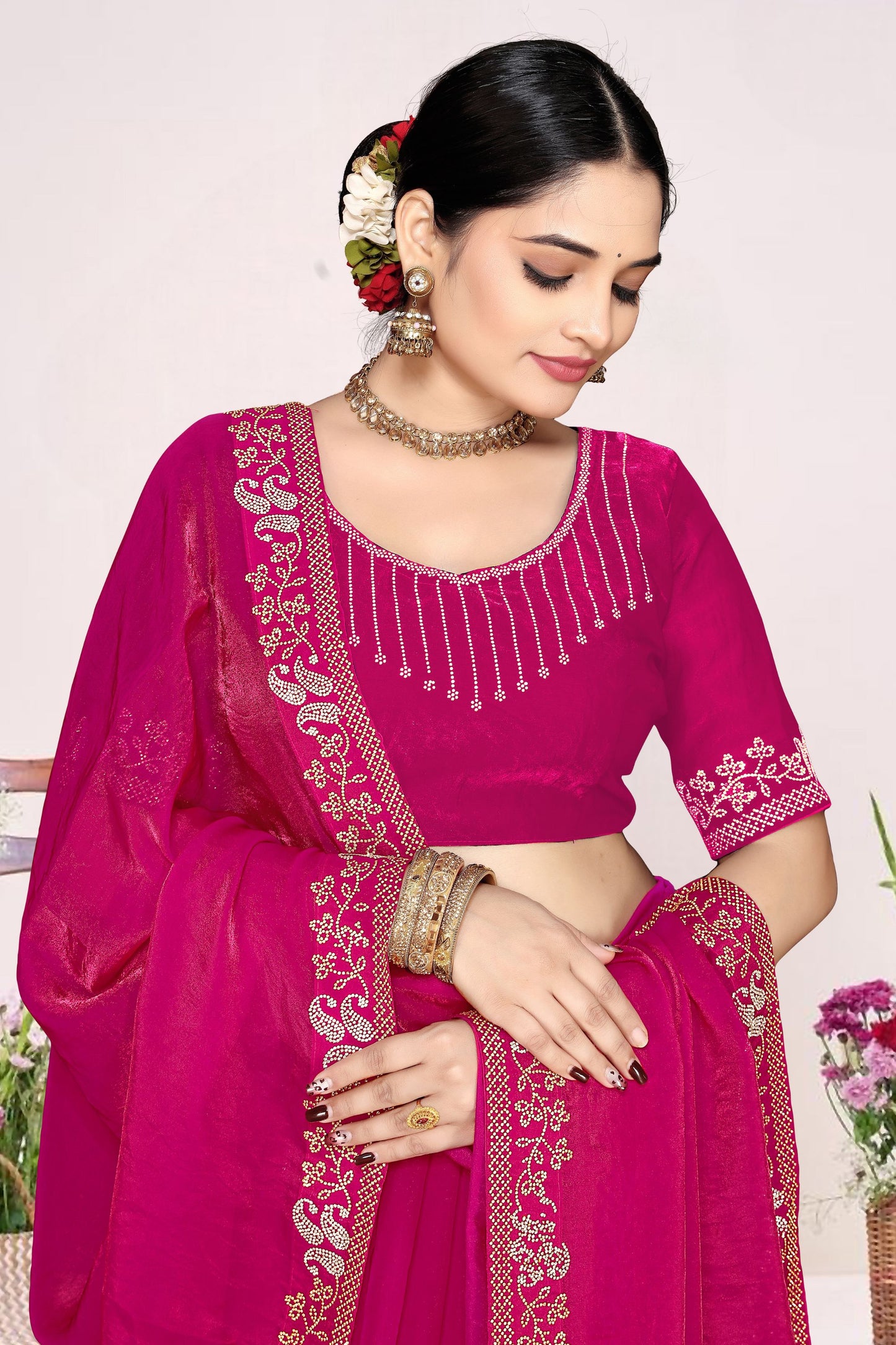 Rani Pink Georgette Saree Golden Embroidery Border Designer Blouse