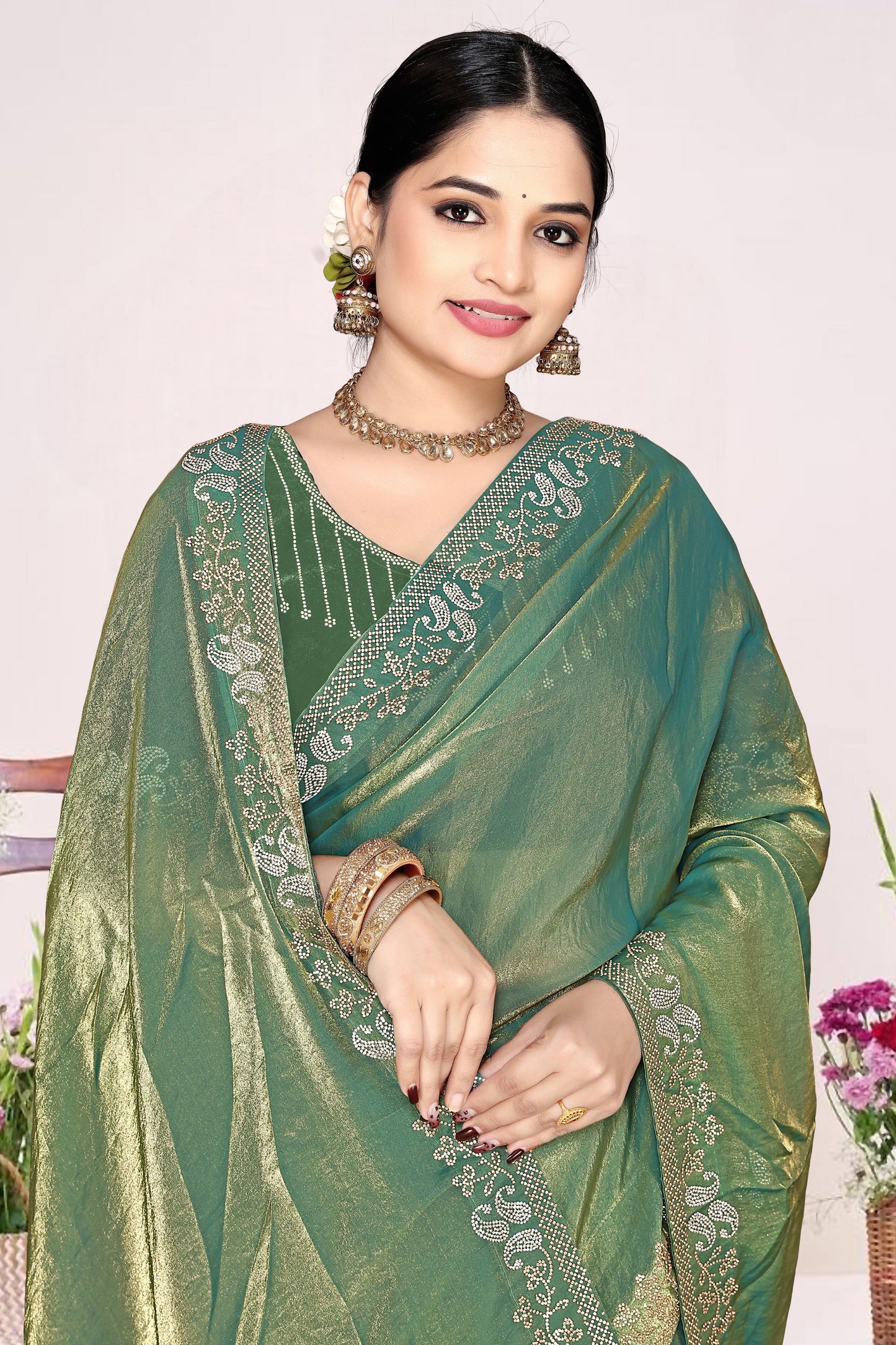 Bottle Green Georgette Saree Golden Embroidery Border Designer Blouse