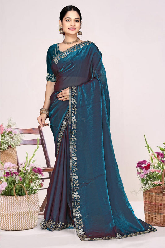 Teal Blue Georgette Saree with Golden Embroidery Border Designer Blouse