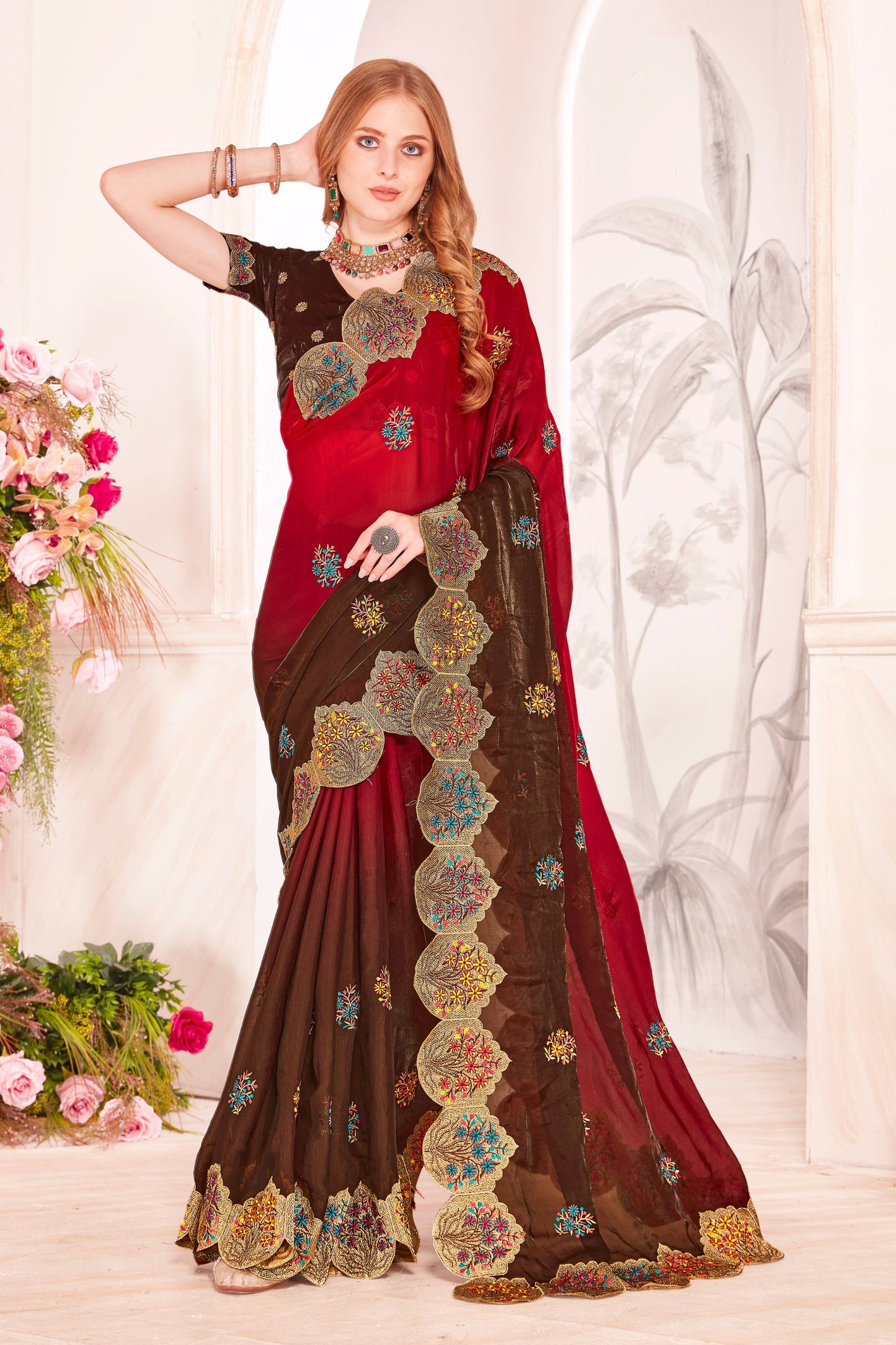 Designer Maroon and Brown Silk Saree with Heavy Golden Border Work