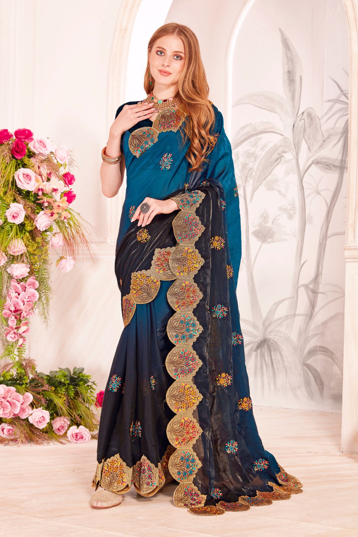 Designer Teal Blue and Black Embroidered Silk Saree