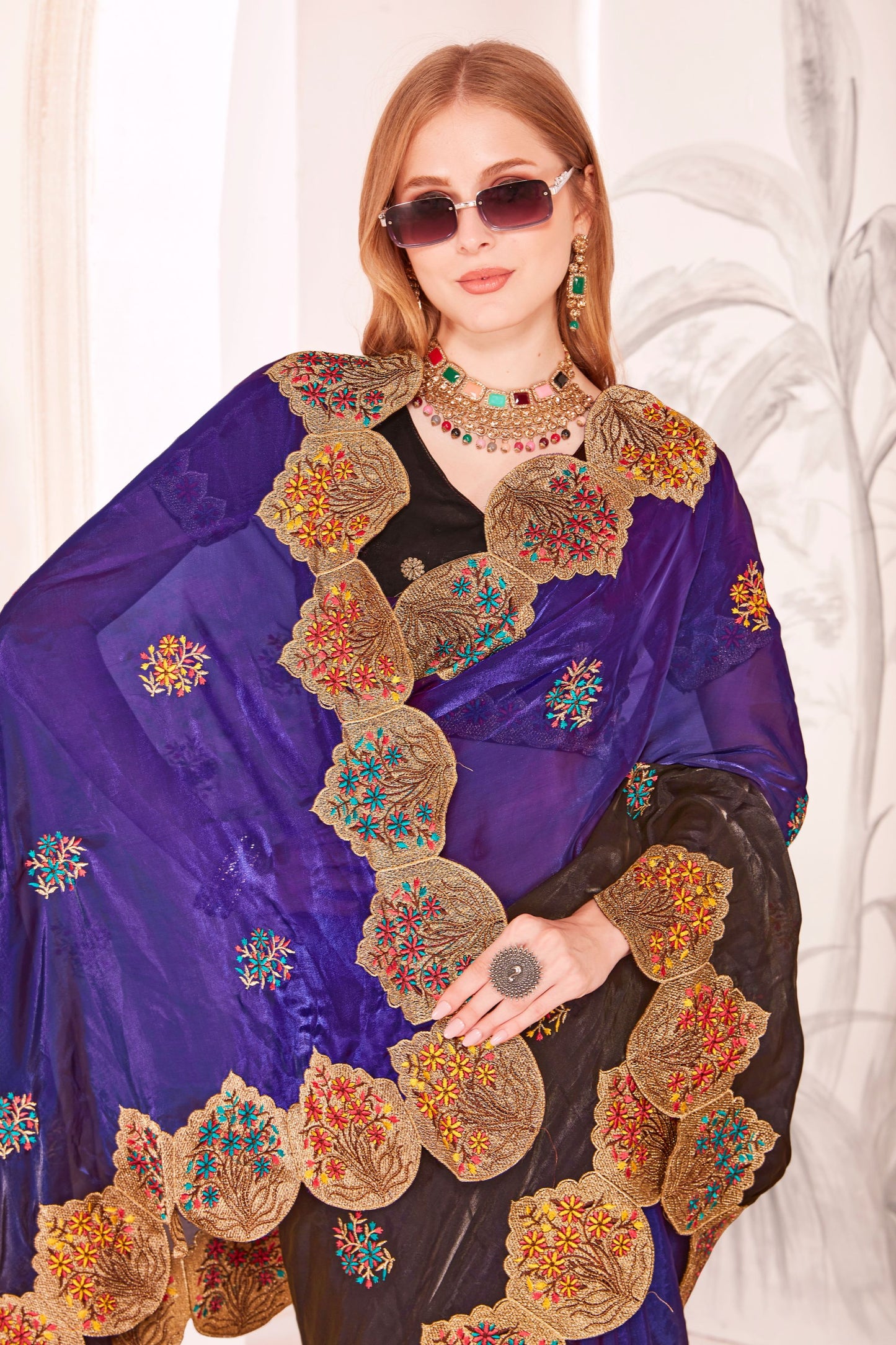 Designer Purple and Black Embroidered Silk Saree with Heavy Golden Border