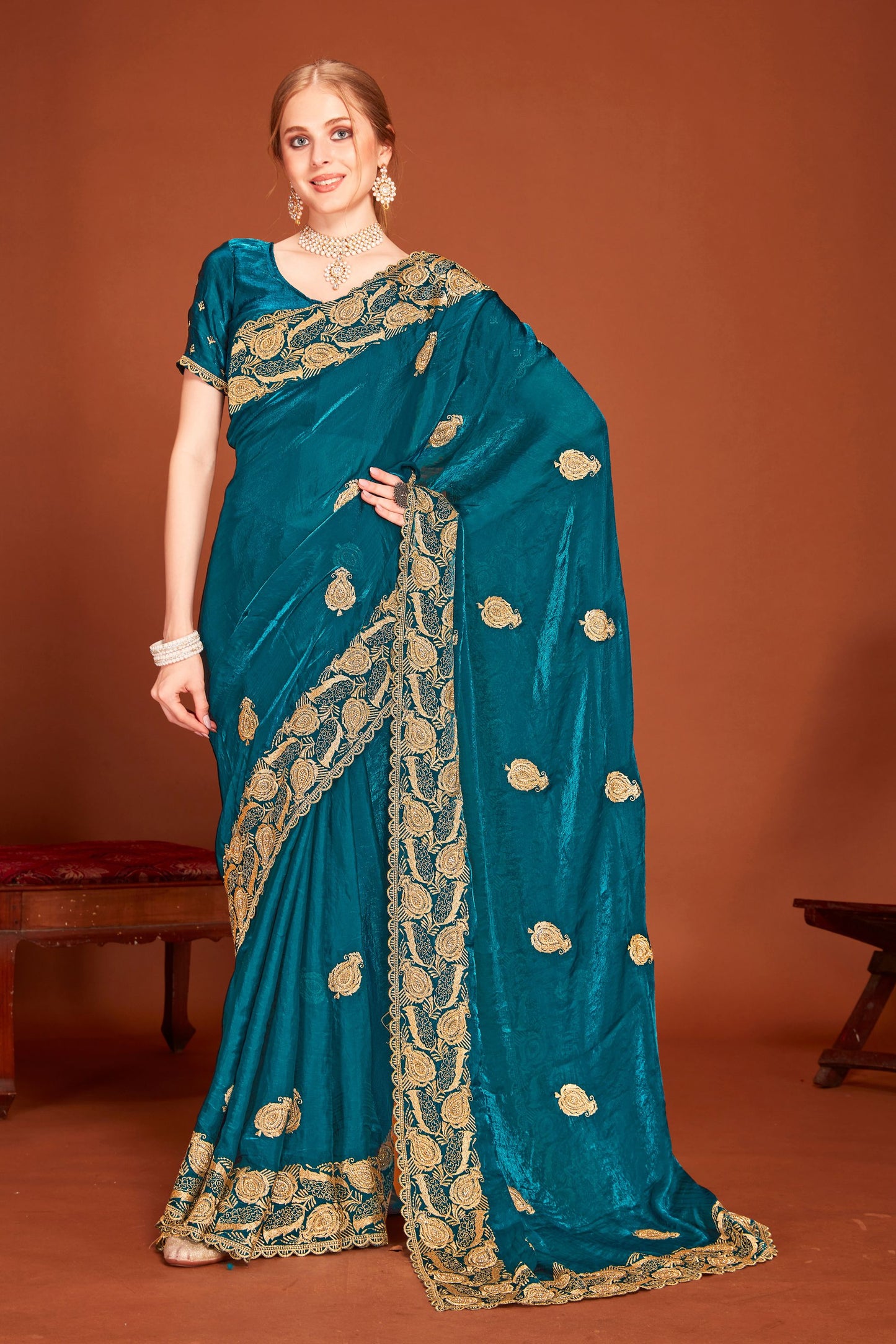 Teal Blue Silk Saree Matching Blouse Designer Wedding Party Wear Saree